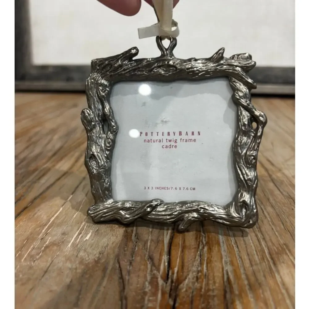Pottery Barn Natural Twig Frame Ornament 3x3 Silver Tone Photo Frame NWOT
